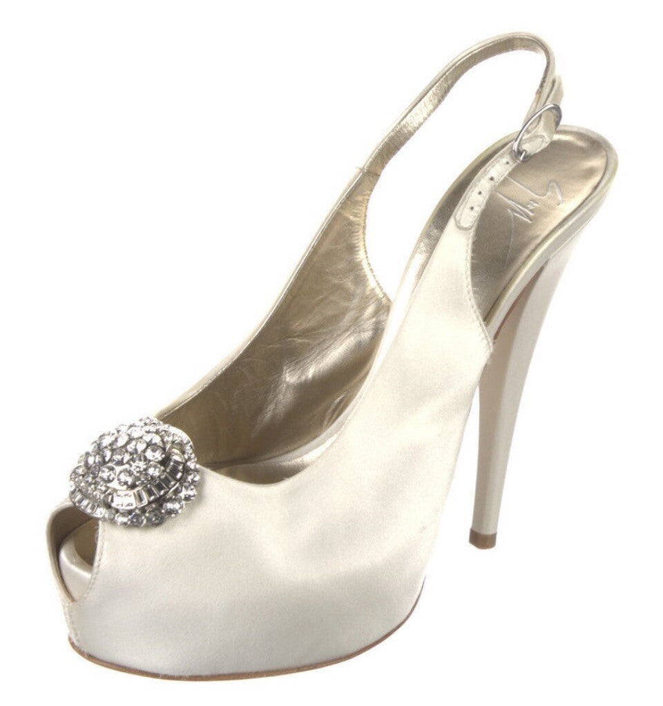 GIUSEPPE ZANOTTI OFF WHITE SILK CRUSTAL EMBELLISHED PEEP TOE HEELS SZ 6 36