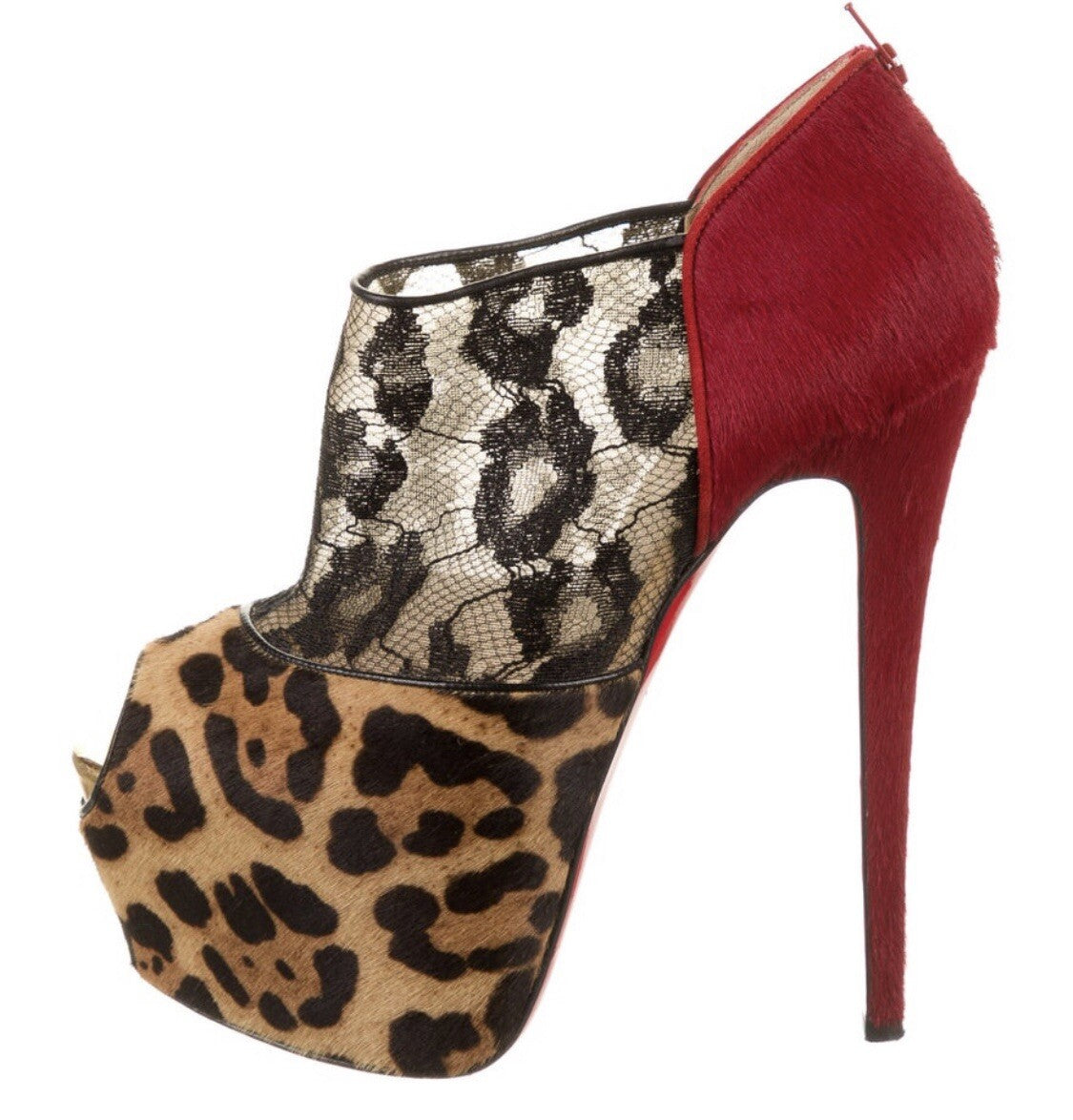 $2395 CHRISTIAN LOUBOUTIN LEOPARD PRINT PONYHAIR & LACE PLATFORM HEELS 8.5 38.5