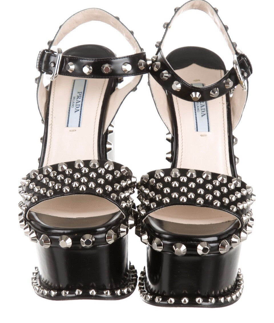 $1150 PRADA BLACK LEATHER STUDDED PLATFORM WEDGES SZ 5.5 35.5