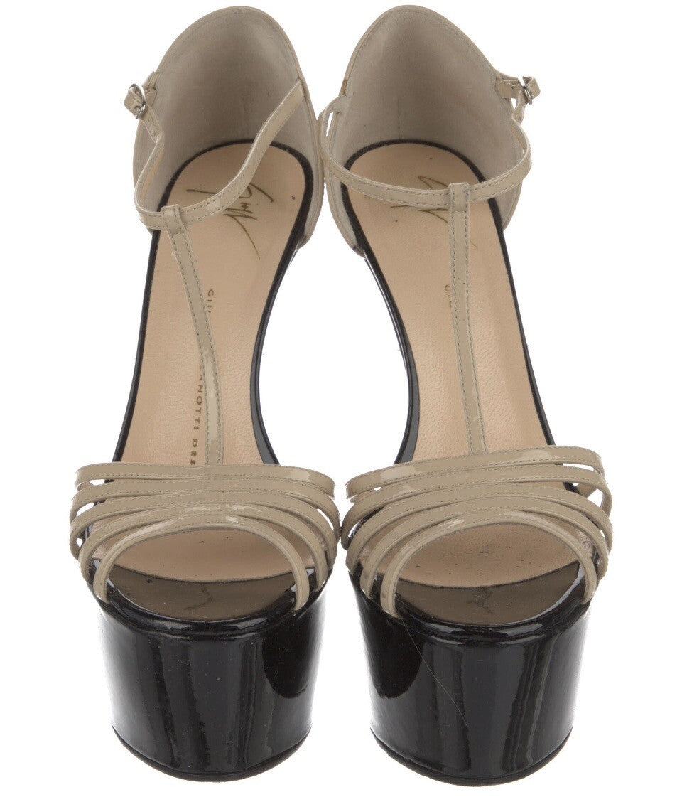 $995 GIUSEPPE ZANOTTI NEUTRAL PATENT LEATHER STRAPPY PLATFORM HEELS SZ 7.5 37.5