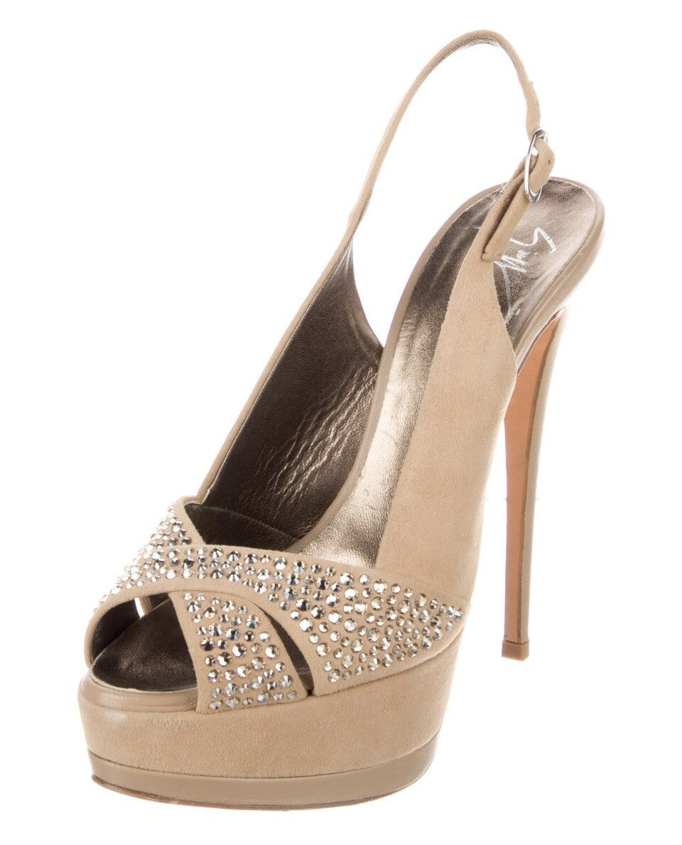❤️SALE❤️GIUSEPPE ZANOTTI NUDE SUEDE CRYSTAL EMBELLISHED  PLATFORM SANDALS 7 37