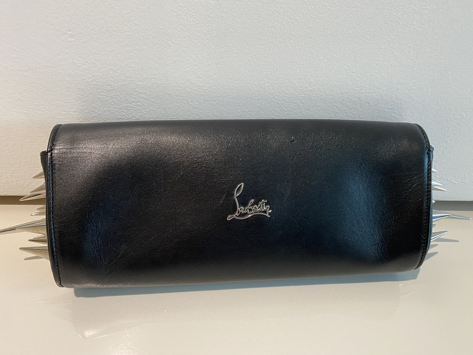 $2400 CHRISTIAN LOUBOUTIN BLACK LEATHER SPIKE CLUTCH