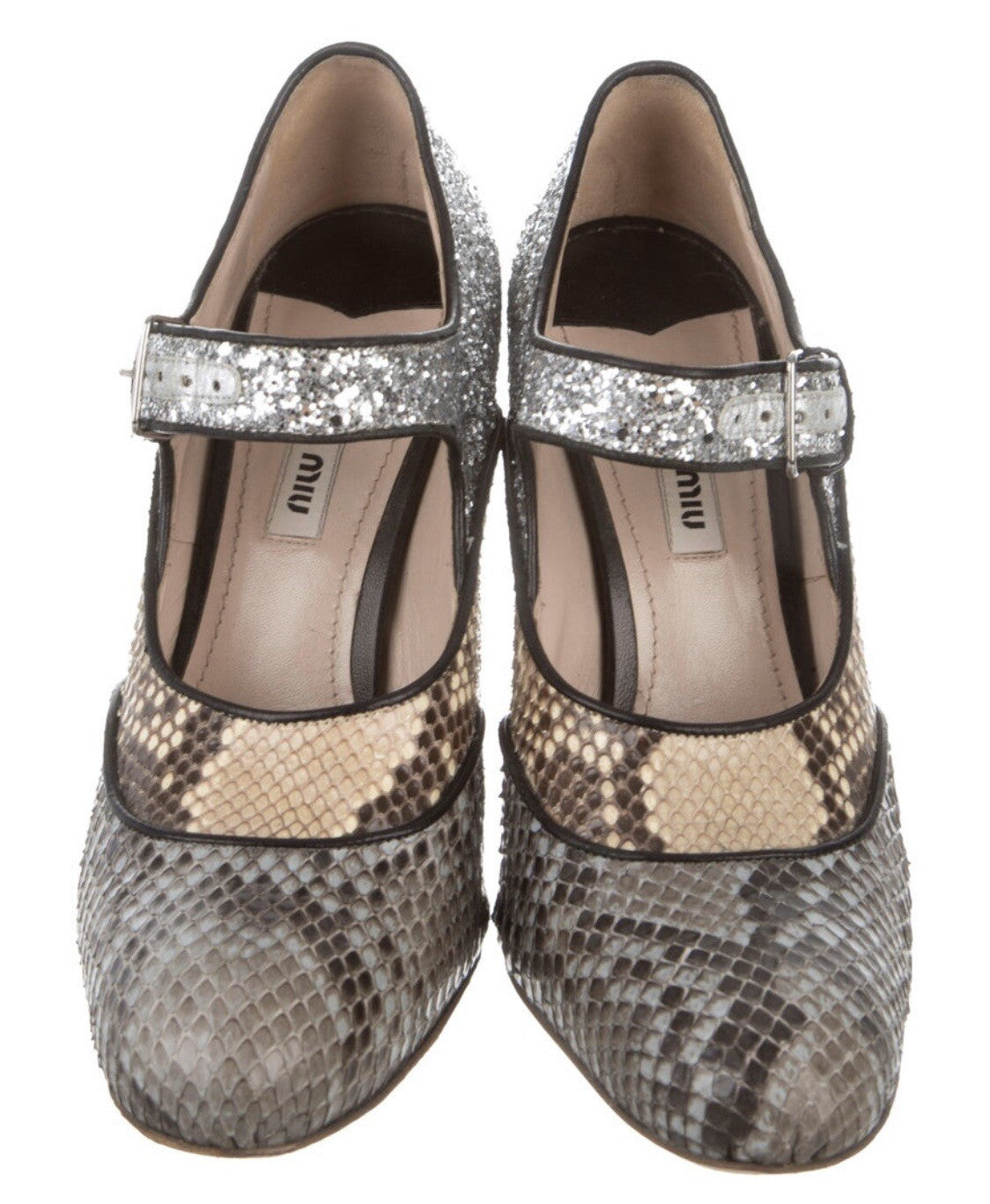 $1380 MIU MIU PYTHON SNAKESKIN  GLITTER MARY JANE HEELS SZ 36  6 US