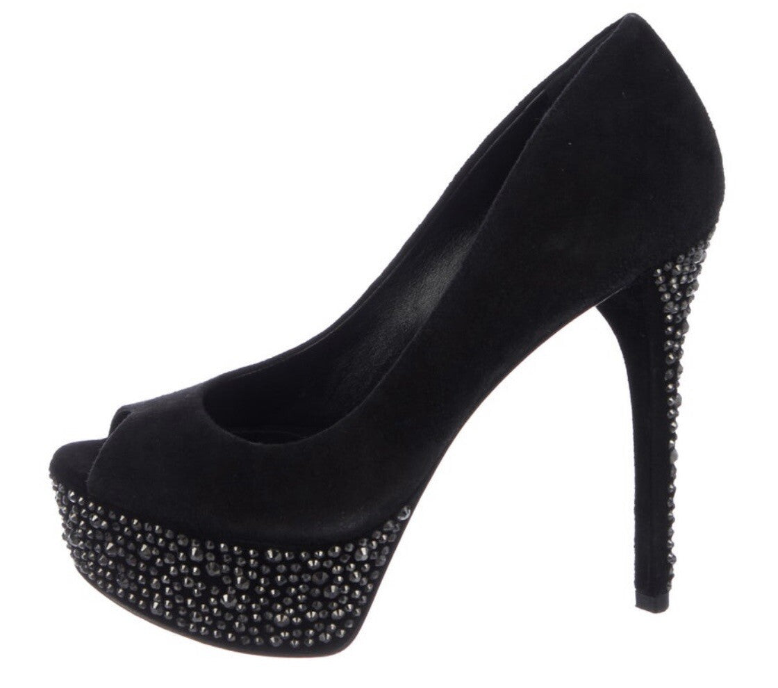 BRIAN ATWOOD BLACK SUEDE SWAROVSKI CRYSTAL EMBELLISHED PEEP TOE HEELS SZ 6 36