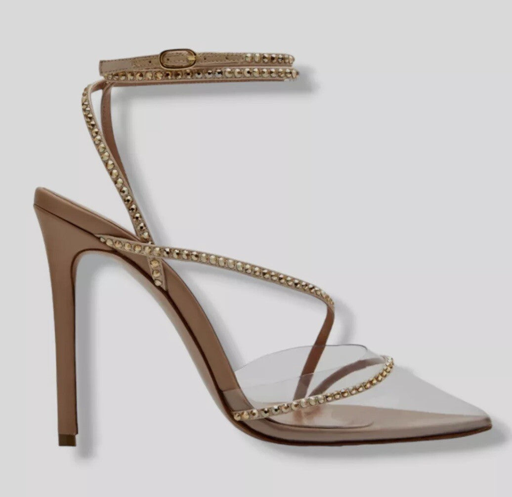 $695 NIB  NUDE LEATHER CRYSTAL ACCENTED ANKLE WRAP HEELS BY ANDREA WAZEN SZ 6 36