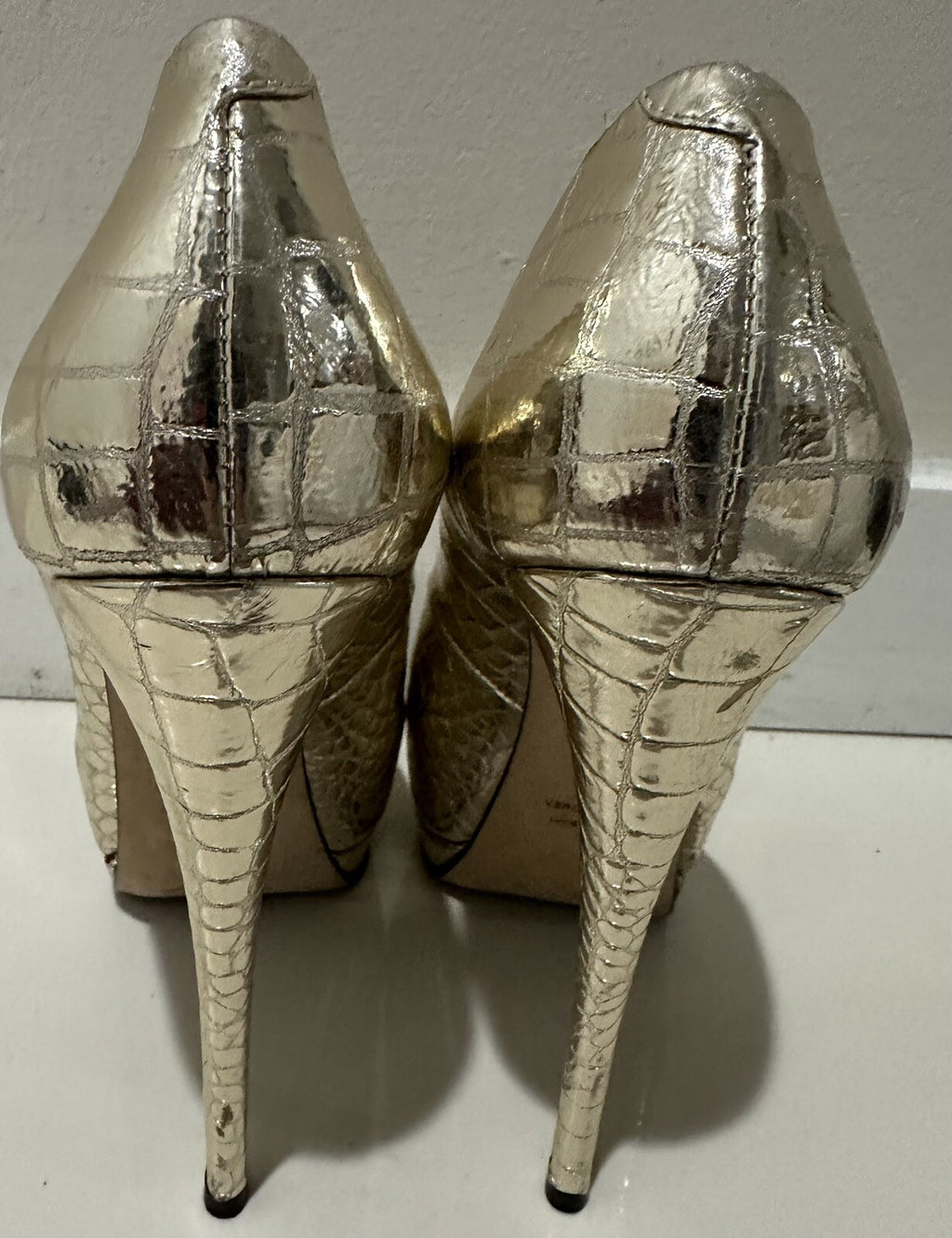 $995 GIUSEPPE ZANOTTI GOLD METALLIC PEEP TOE PLATFORM HEELS SZ 38 8