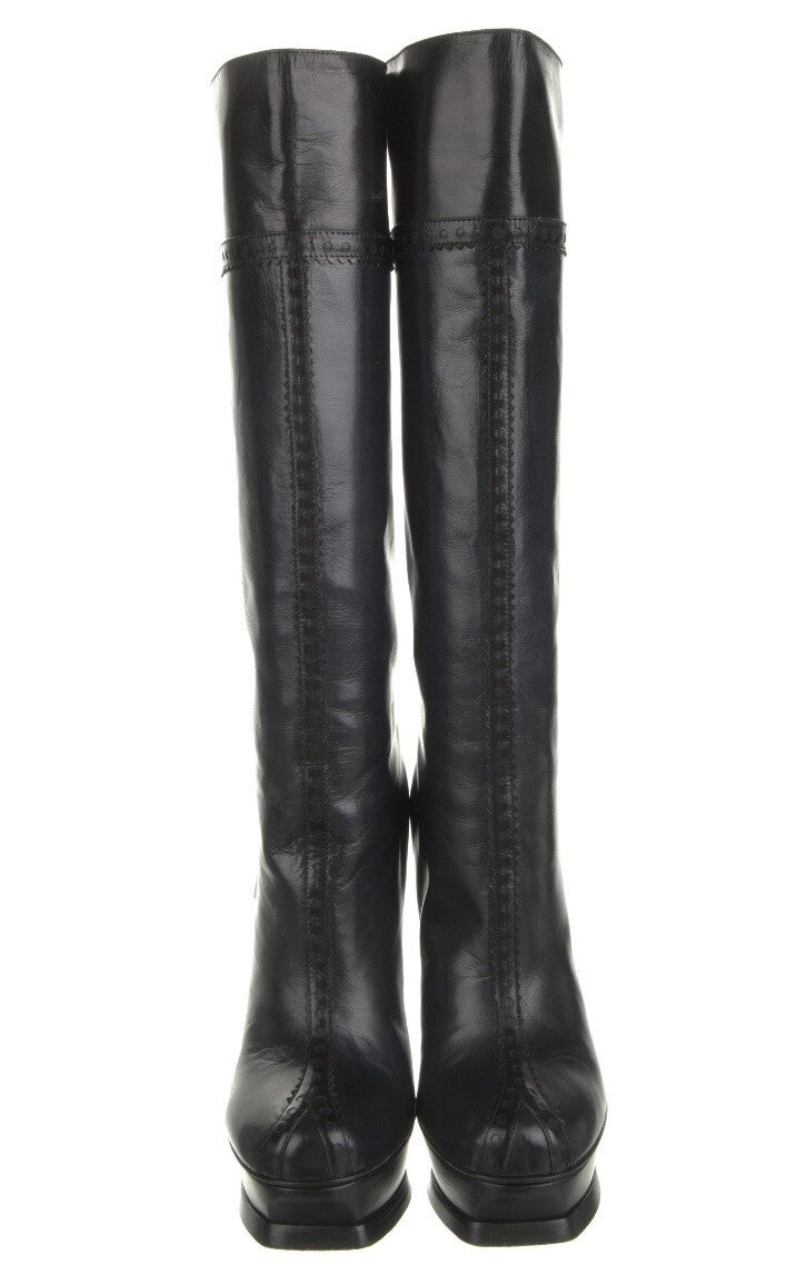 YVES SAINT LAURENT NAVY LEATHER PLATFORM BOOTS SZ 8.5 38.5