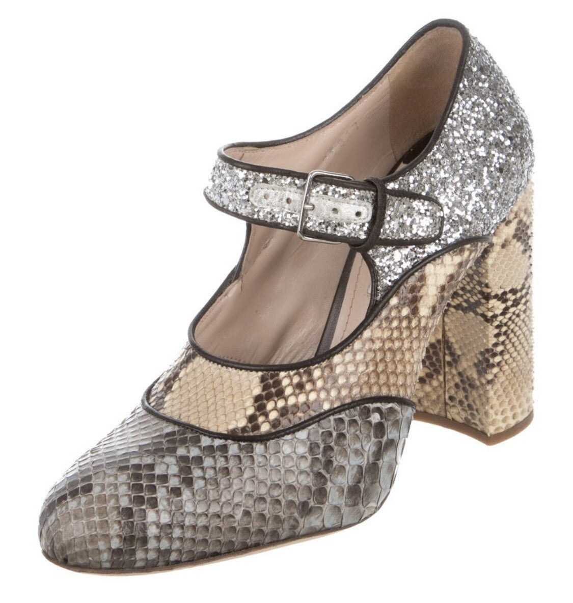 $1380 MIU MIU PYTHON SNAKESKIN  GLITTER MARY JANE HEELS SZ 36  6 US