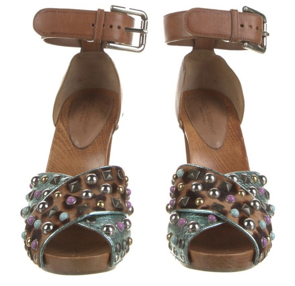 DOLCE & GABBANA LEAOOARD PRINT PONYHAIR STUDDED SANDALS SZ 6 36