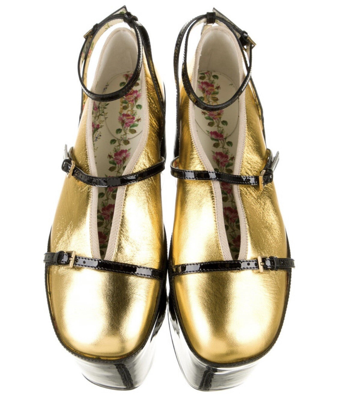 $1410 NIB GUCCI METALLIC GOLD LEATHER 2 IN 1 PLATFORM HEEL SANDALS  SZ 6.5 36.5