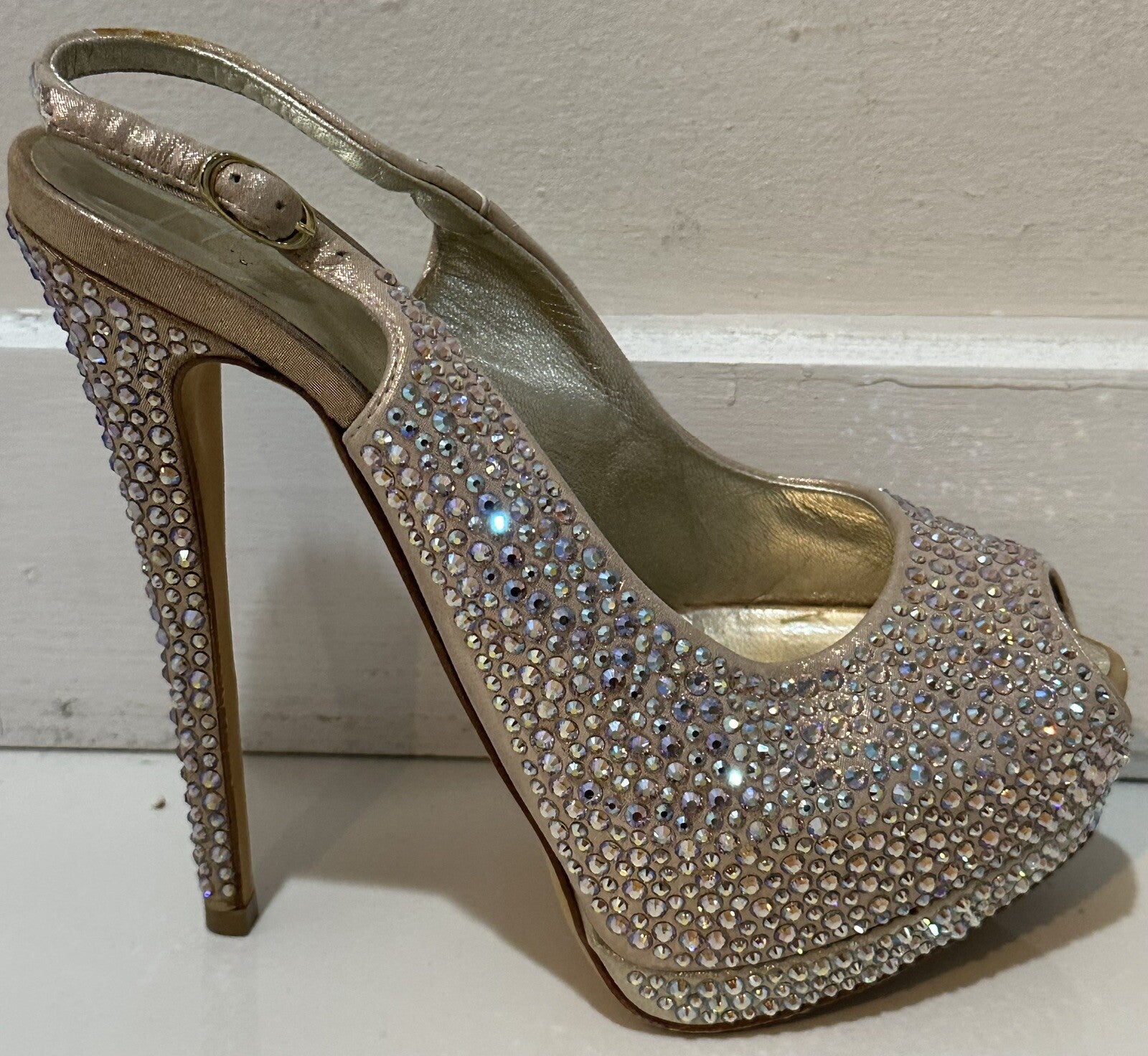 $1495 GIUSEPPE  ZANOTTI BLUSH CRYSTAL PEEP TOE HEELS WITH PLATFORM SZ 36.5 6.5
