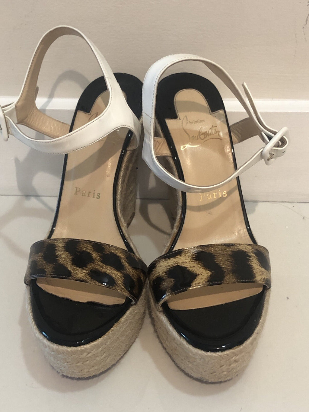 $895 CHRISTIAN LOUBOUTIN LEOPARD  / BLACK PATENT LEATHER WEDGE SANDALS SZ 36 6