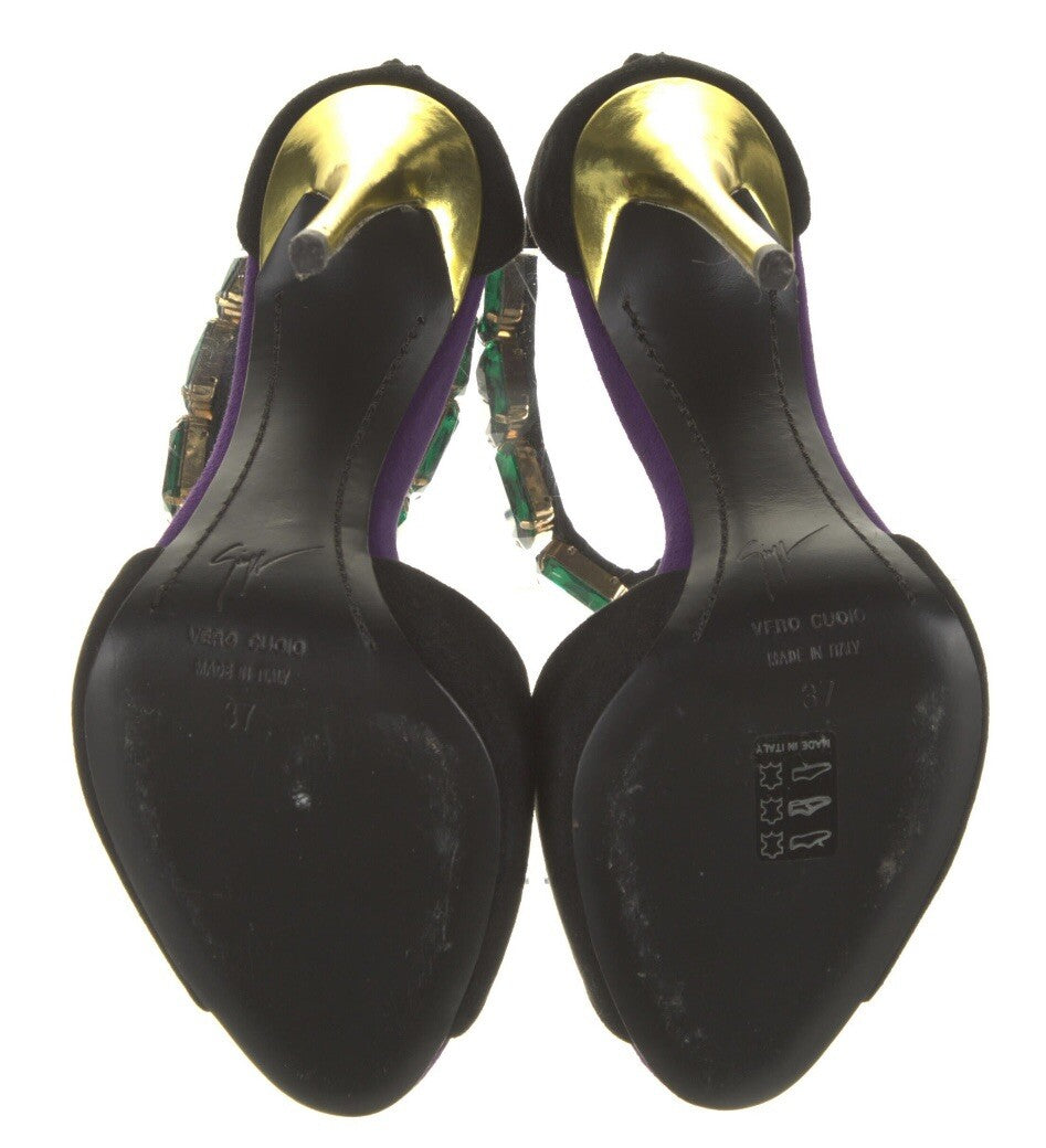 GIUSEPPE ZANOTTI BLACK SUEDE CRYSTAL EMBELLISHED SANDALS SZ 7 37