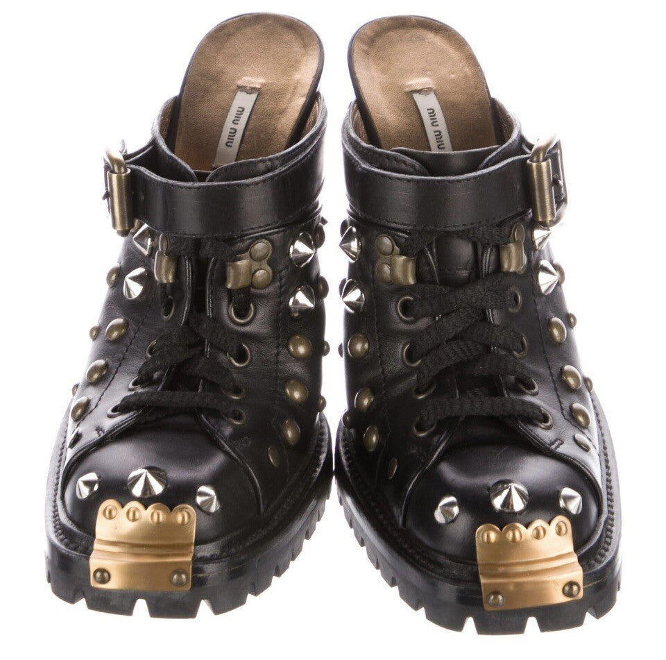 MIU MIU BLACK LEATHER STUDDED MULES SZ 8.5 38.5