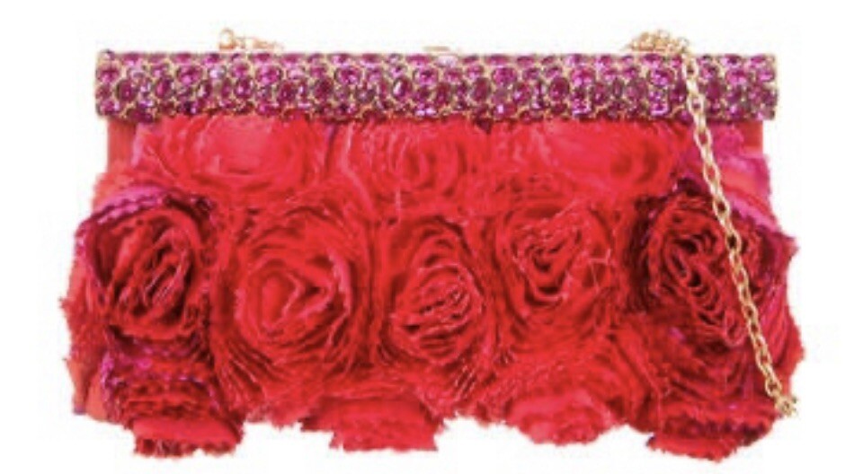 VALENTINO SATIN RED ROSIER CLUTCH WITH SWAROVSKI CRYSTALS & OPTIONAL CHAIN