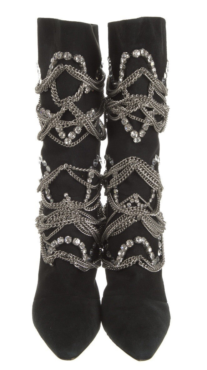 $2450 GIUSEPPE ZANOTTI BOOTS BLACK SUEDE CRYSTAL & CHAIN EMBELLISHED SZ 9 39