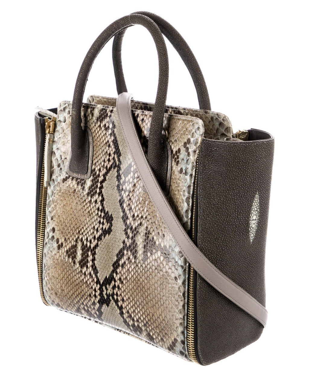 $2850 PAIGE GAMBLE PYTHON SNAKESKIN & STINGRAY TOTE BAG WITH SHOULDER STRAP