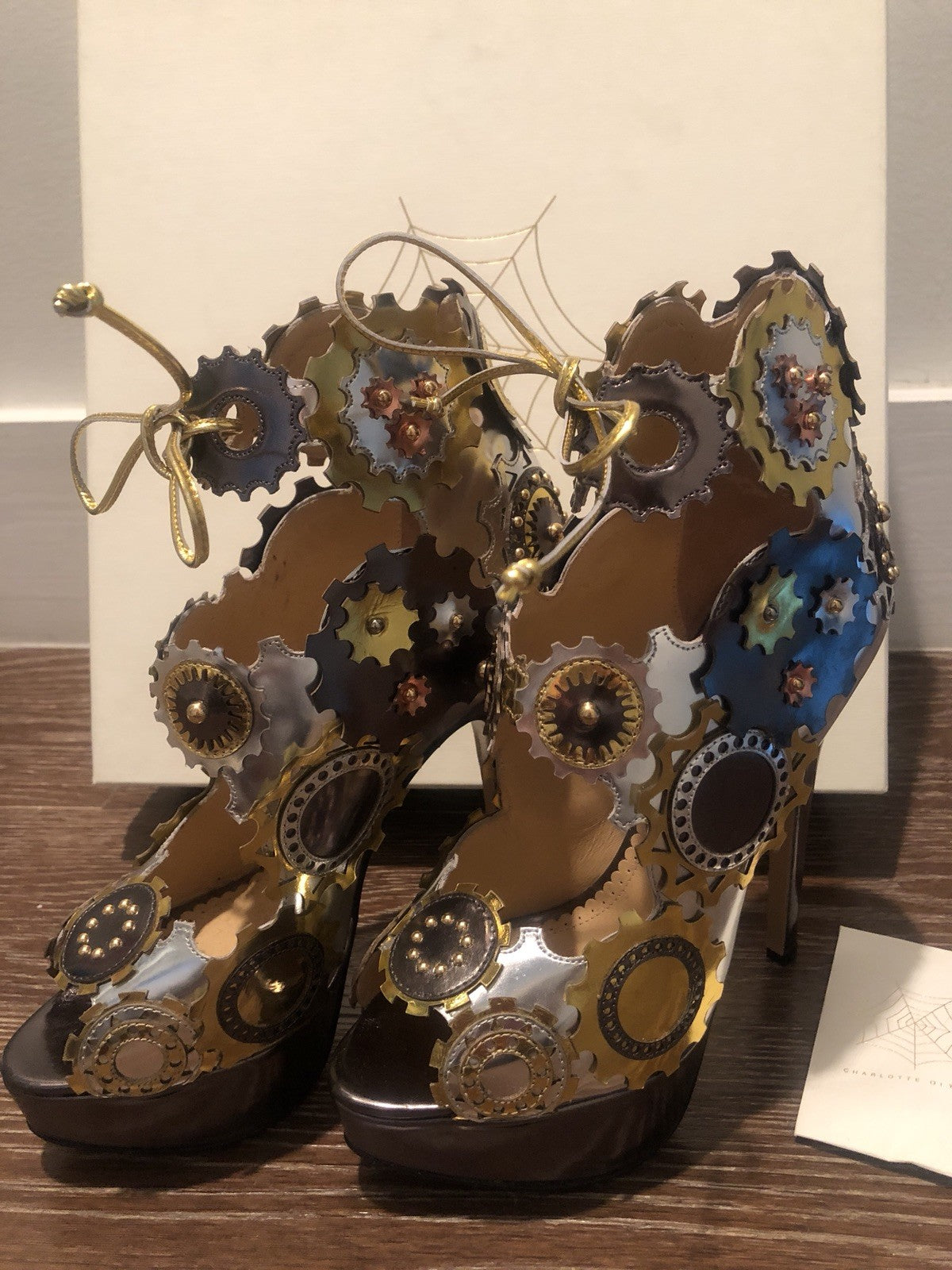 $1395 NIB CHARLOTTE OLYMPIA RUNWAY METALLIC LEATHER PLATFORM HEELS SZ 36  6