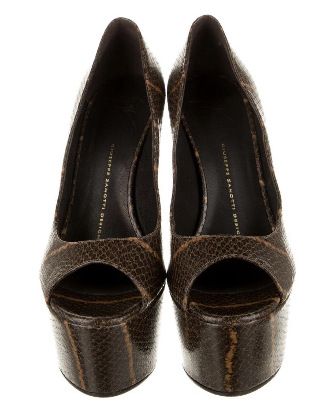 GIUSEPPE ZANOTTI BROWN SNAKESKIN PLATFORM PEEP TOE HEELS SZ 8.5 38.5