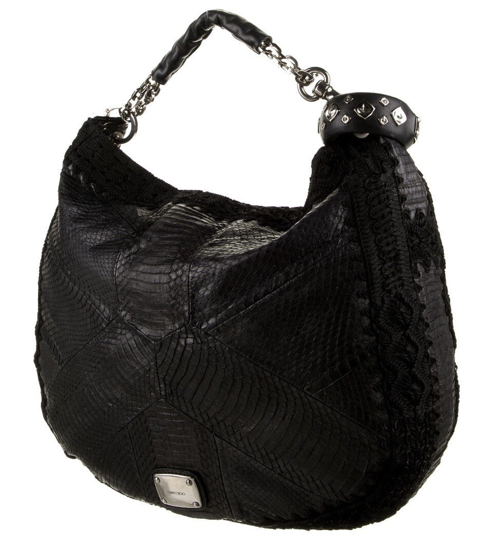 JIMMY CHOO BLACK PYTHON SNAKESKIN & CROCHET ACCENT HOBO BAG