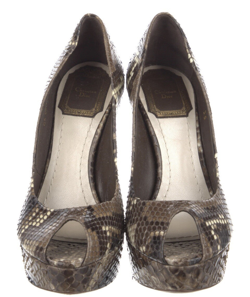 CHRISTIAN DIOR PYTHON SNAKESKIN PEEP TOE PLATFORM PUMPS SZ 5 35