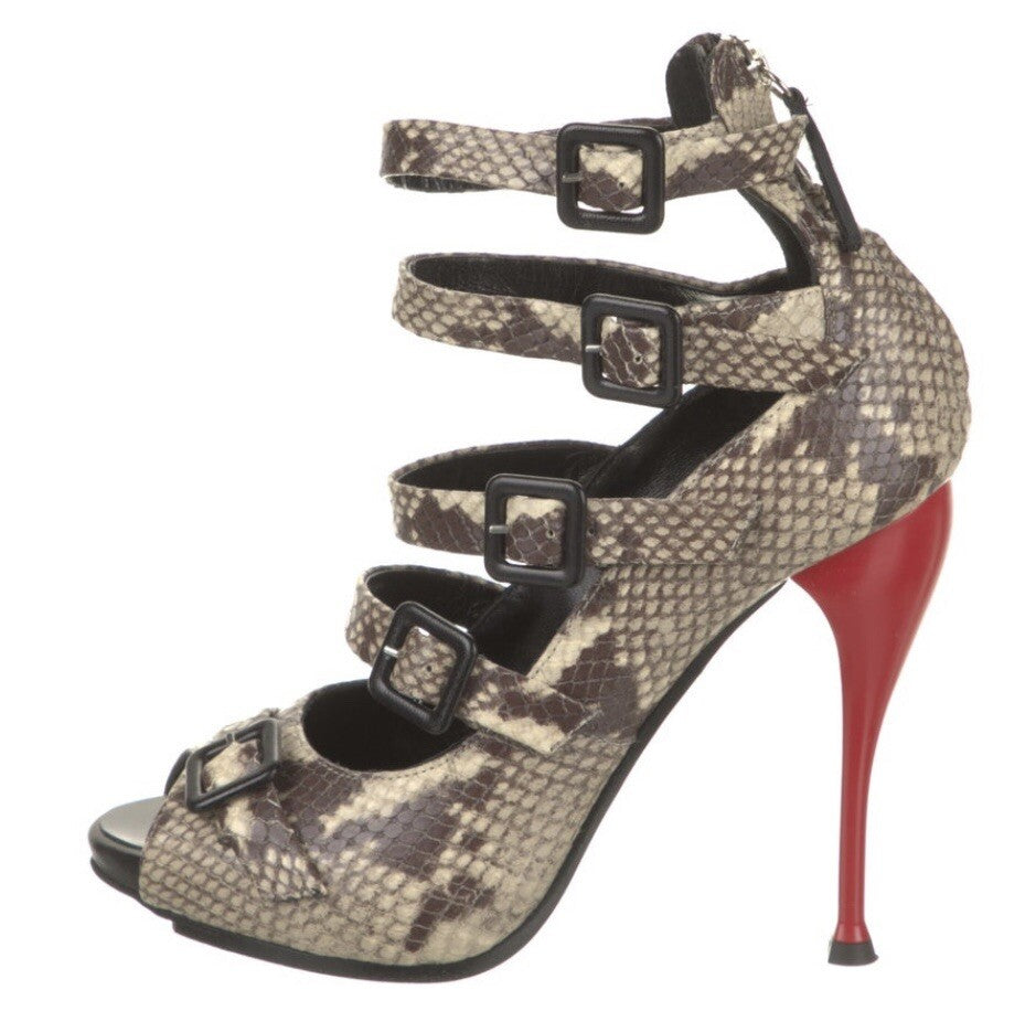 $995 GIUSEPPE ZANOTTI SNAKESKIN PRINT LEATHER BUCKLE HEELS SZ 7 37