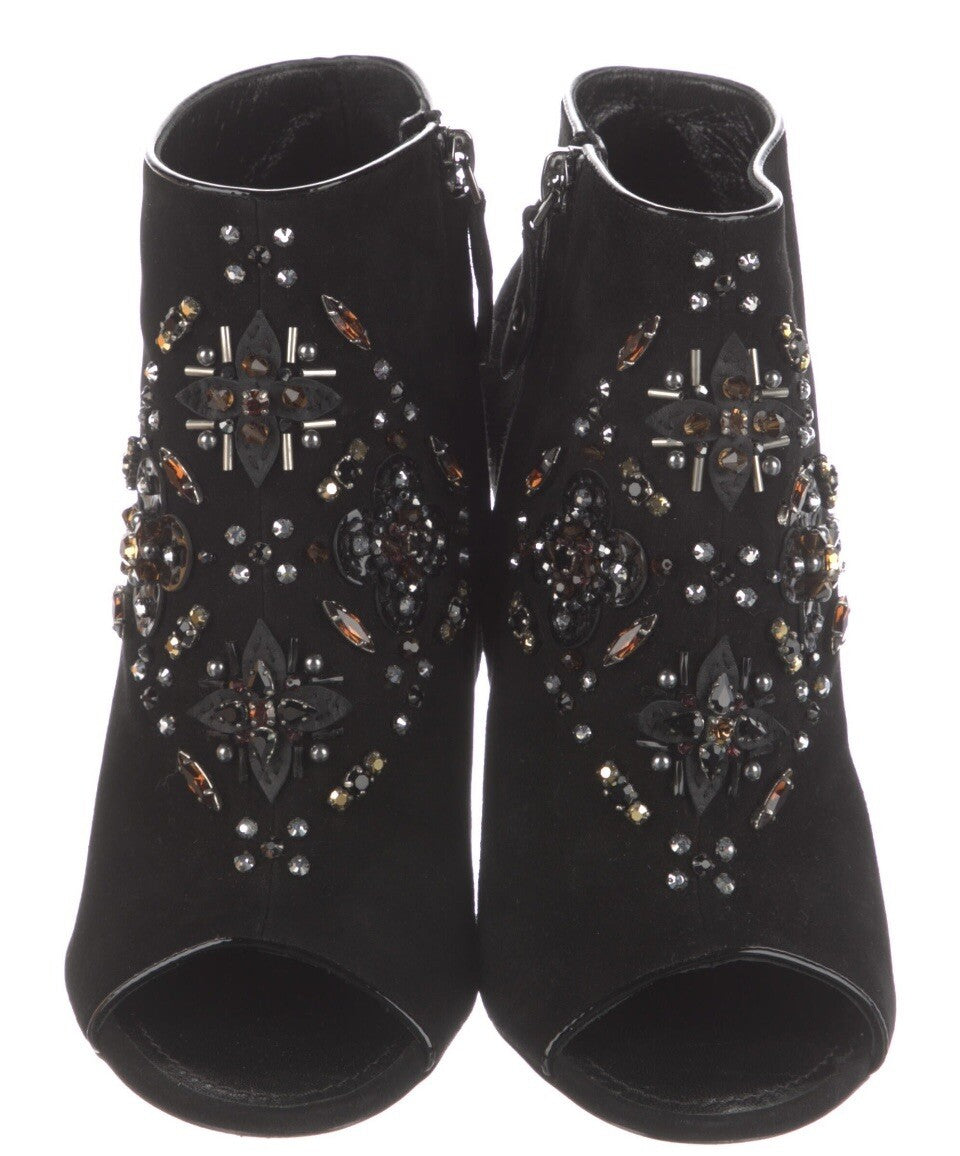 LOUIS VUITTON BLACK SUEDE CRYSTAL EMBELLISHED ANKLE BOOTS  SZ 6 36