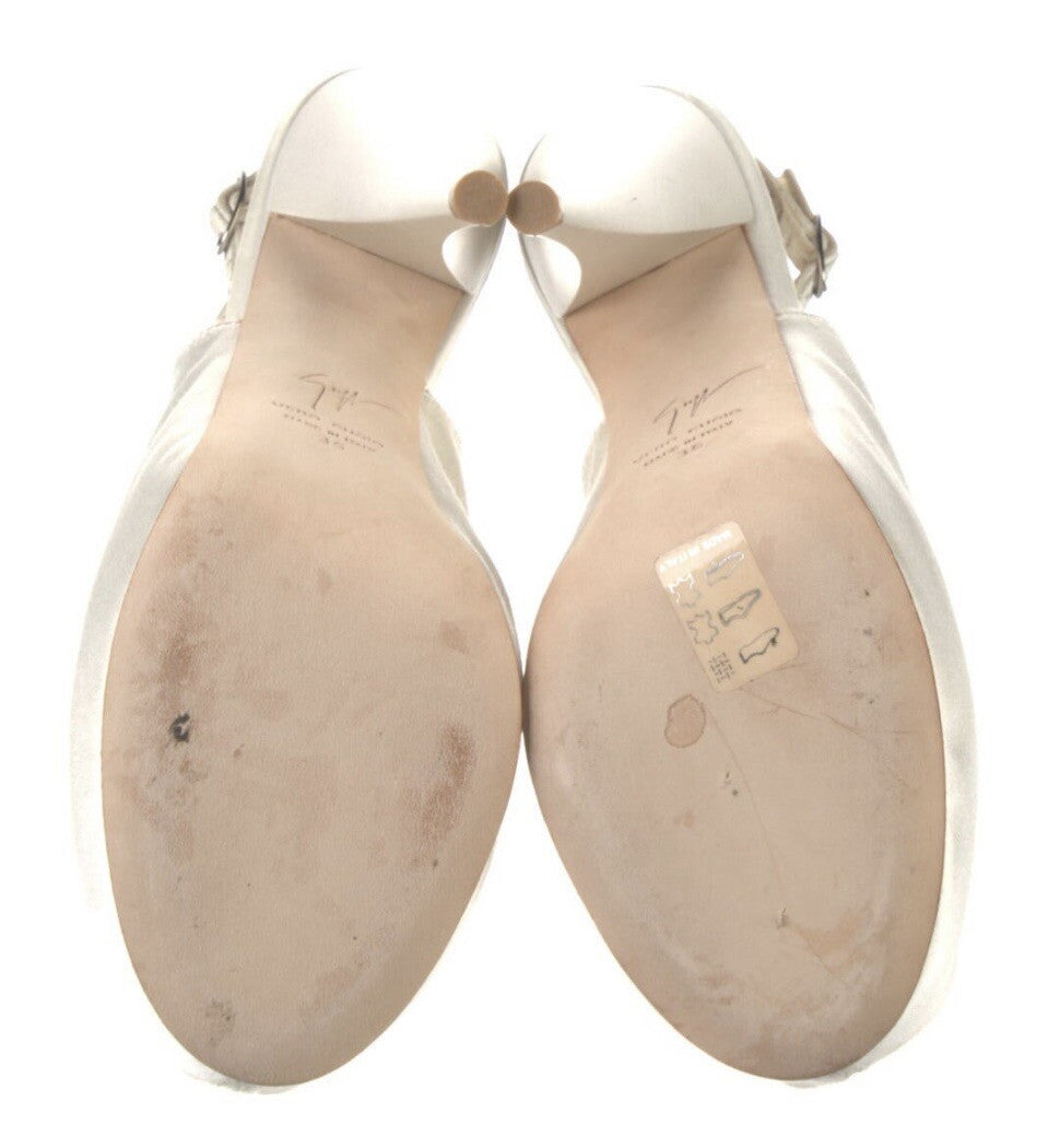 GIUSEPPE ZANOTTI OFF WHITE SILK CRUSTAL EMBELLISHED PEEP TOE HEELS SZ 6 36