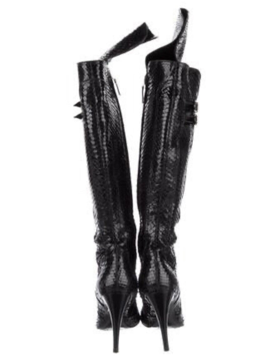 $4800 NEW VERSACE BLACK PYTHON SNAKESKIN KNEE HIGH BOOTS SZ 8.5 38.5