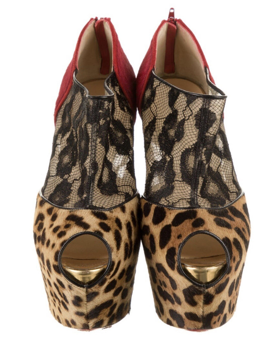 $2395 CHRISTIAN LOUBOUTIN LEOPARD PRINT PONYHAIR & LACE PLATFORM HEELS 8.5 38.5