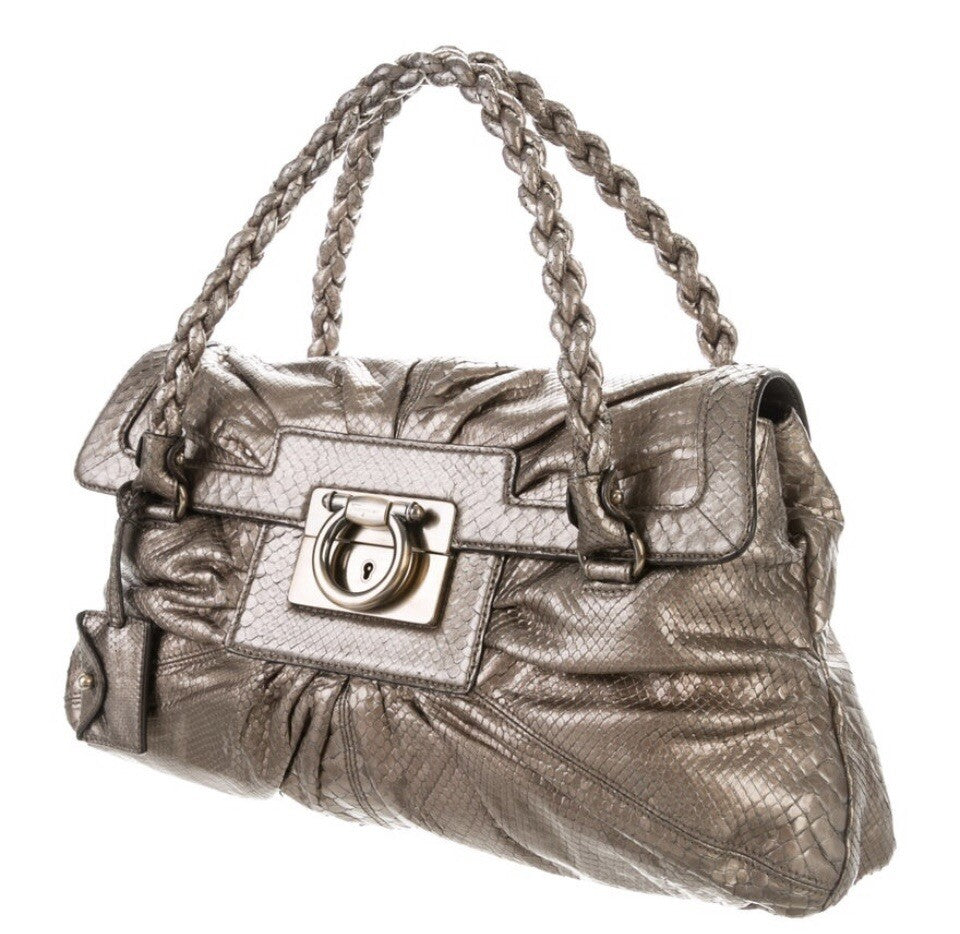 SALVATORE FERRAGAMO METALLIC TAUPE PYTHON SNAKEAKIN HANDLE BAG