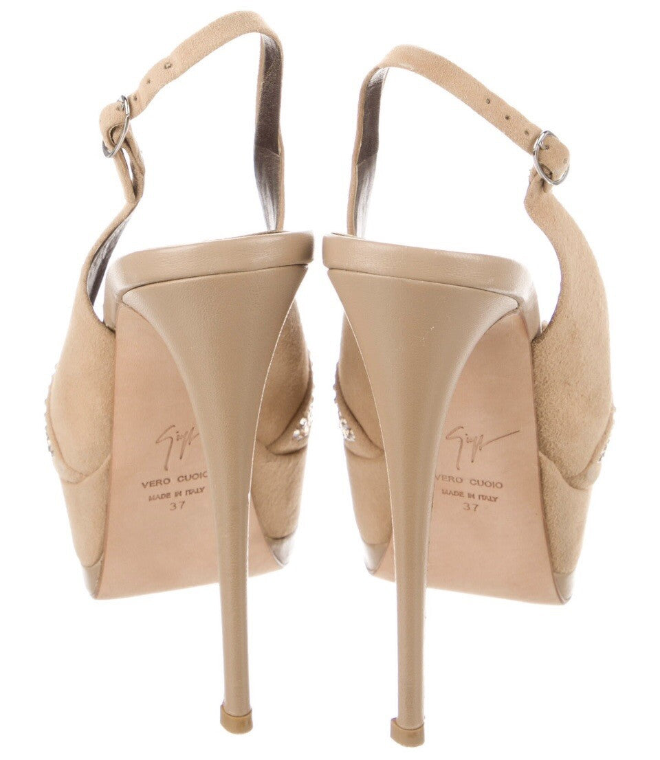 ❤️SALE❤️GIUSEPPE ZANOTTI NUDE SUEDE CRYSTAL EMBELLISHED  PLATFORM SANDALS 7 37