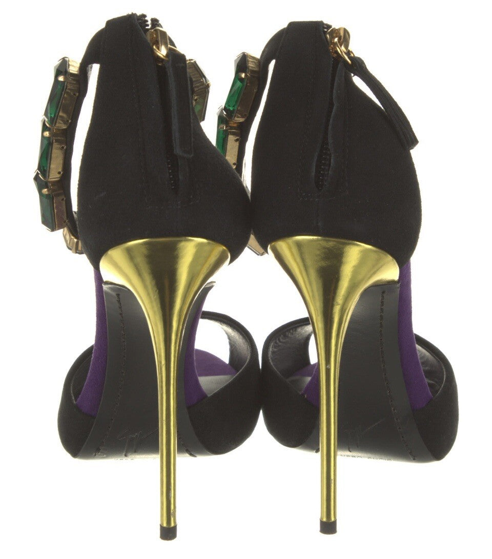 GIUSEPPE ZANOTTI BLACK SUEDE CRYSTAL EMBELLISHED SANDALS SZ 7 37