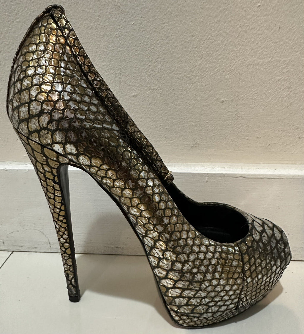 $995 GIUSEPPE ZANOTTI METALLIC LEATHER SNAKESKIN PRINT PEEP TOE  HEELS SZ 8 38
