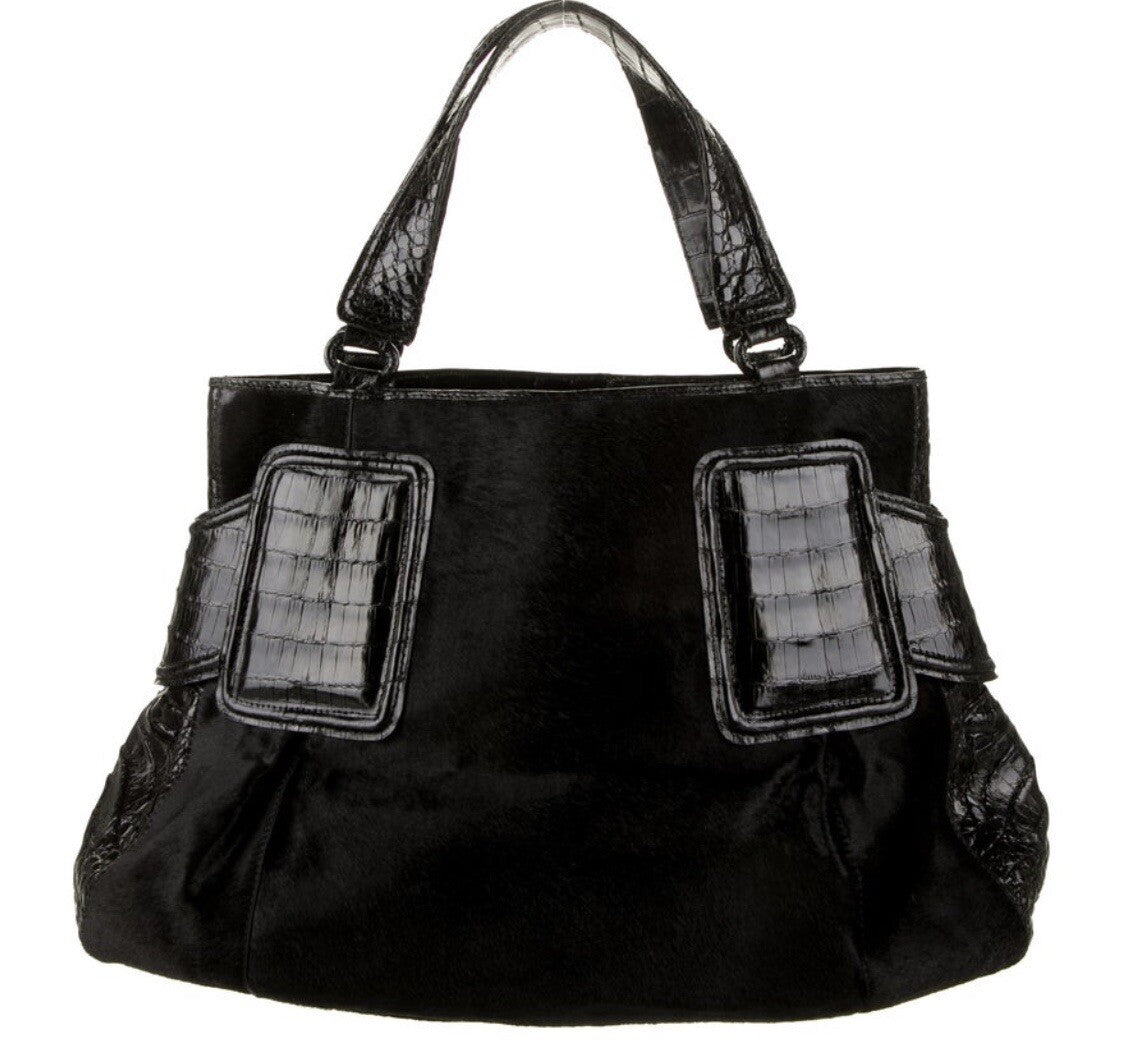 $2950 NANCY GONZALEZ BLACK CROCODILE & PONYHAIR HOBO BAG