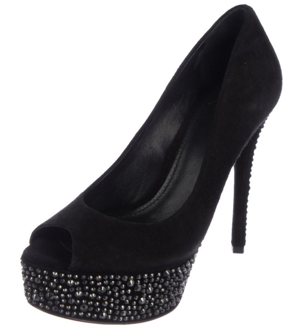 BRIAN ATWOOD BLACK SUEDE SWAROVSKI CRYSTAL EMBELLISHED PEEP TOE HEELS SZ 6 36