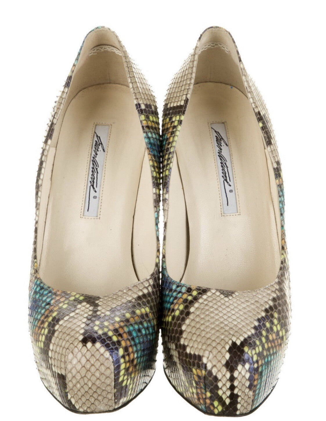BRIAN ATWOOD MULTICOLOR PYTHON SNAKESKIN HEELS SZ 8.5 38.5