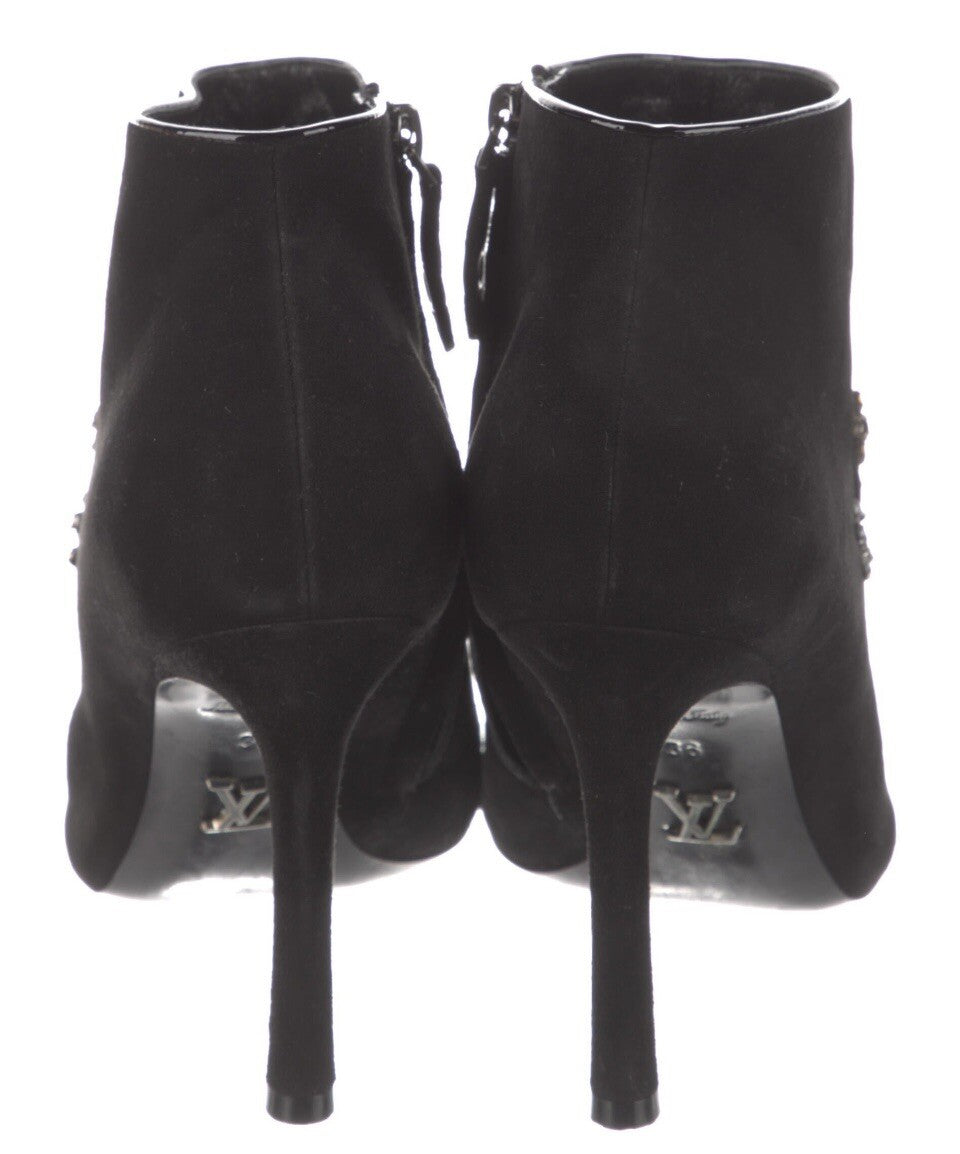 LOUIS VUITTON BLACK SUEDE CRYSTAL EMBELLISHED ANKLE BOOTS  SZ 6 36