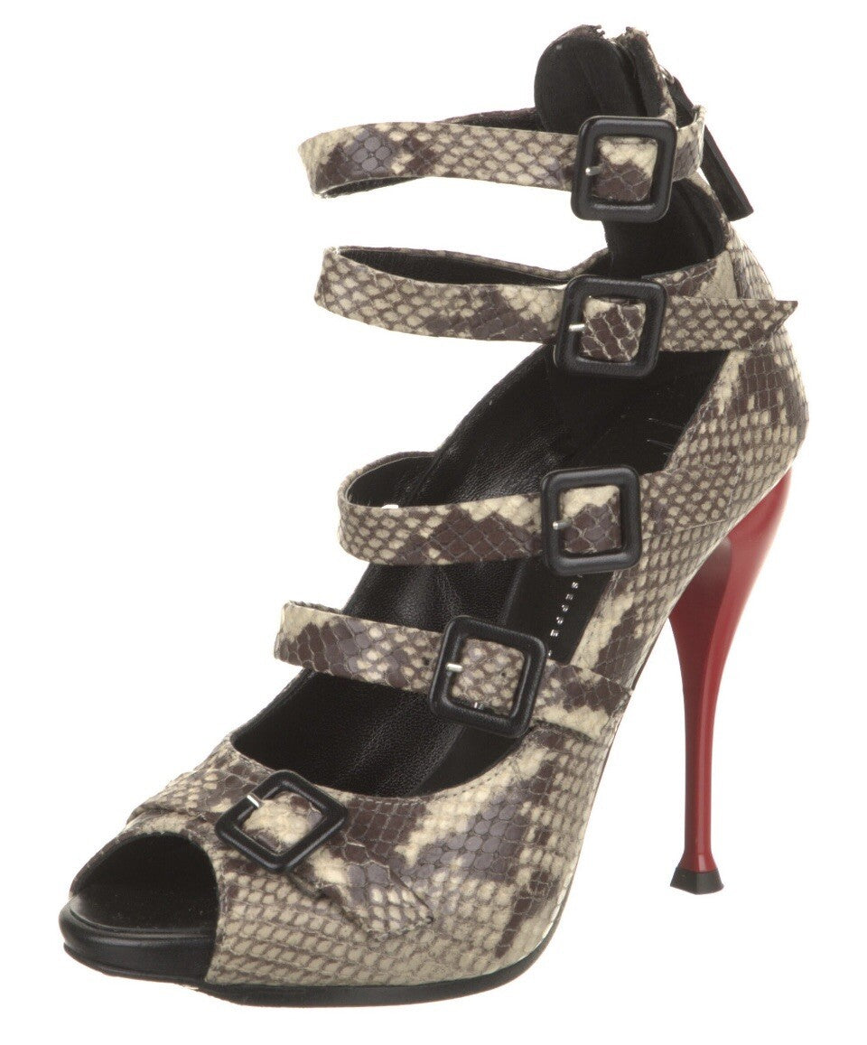 $995 GIUSEPPE ZANOTTI SNAKESKIN PRINT LEATHER BUCKLE HEELS SZ 7 37
