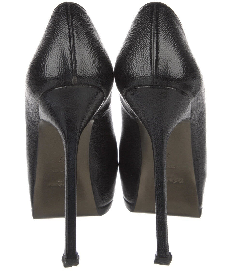 $895 YVES SAINT LAURENT RIVE GAUCHE BLACK LEATHER PLATFORM HEELS SZ 7 37