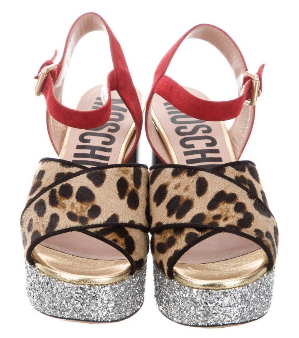 $850 MOSCHINO LEOPARD PRINT PONYHAIR GLITTER LOGO SANDALS SZ 6 36
