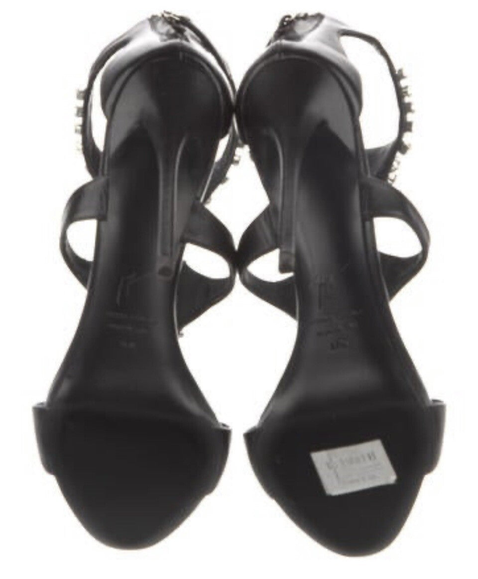 $1850 NIB GIUSEPPE ZANOTTI BLACK LEATHER CRYSTAL EMBELLISHED SANDALS SZ 7.5 37.5