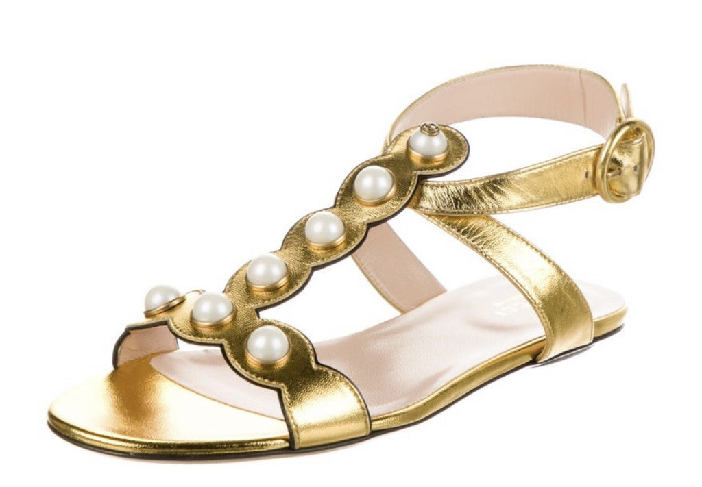 $995 NEW GUCCI METALLIC GOLD LEATHER FAUX PEARL GG LOGO SANDALS SZ 5.5 35.5