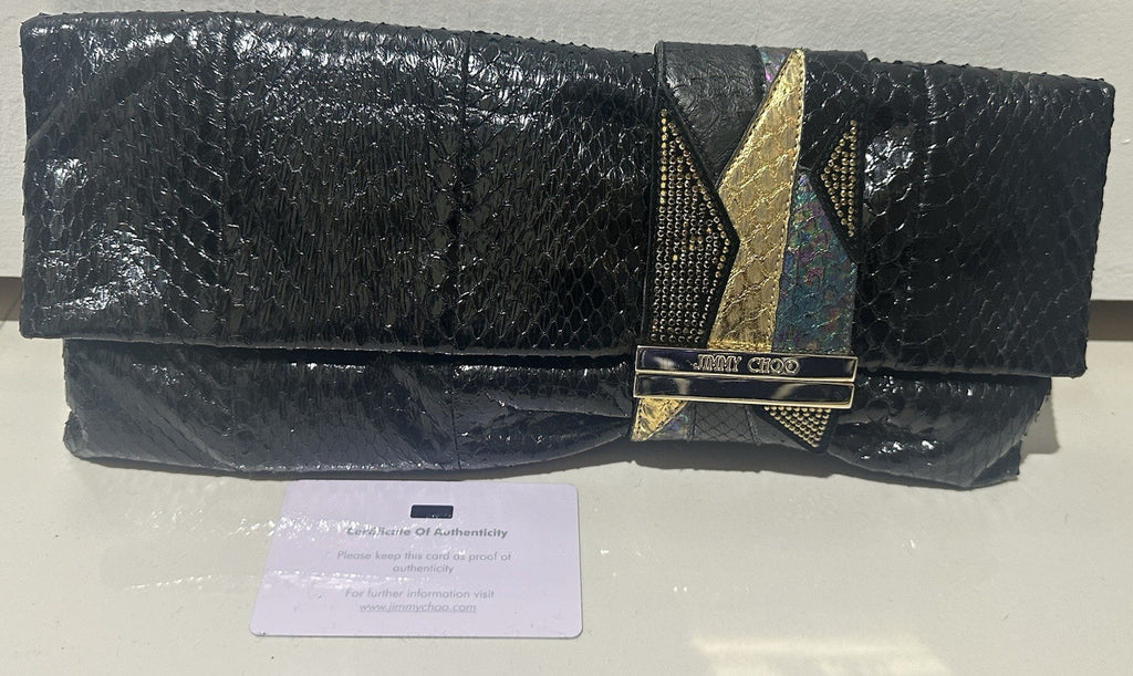 $2200 JIMMY CHOO CLUTCH PYTHON SNAKESKIN/ SWAROVSKI CRYSTAL