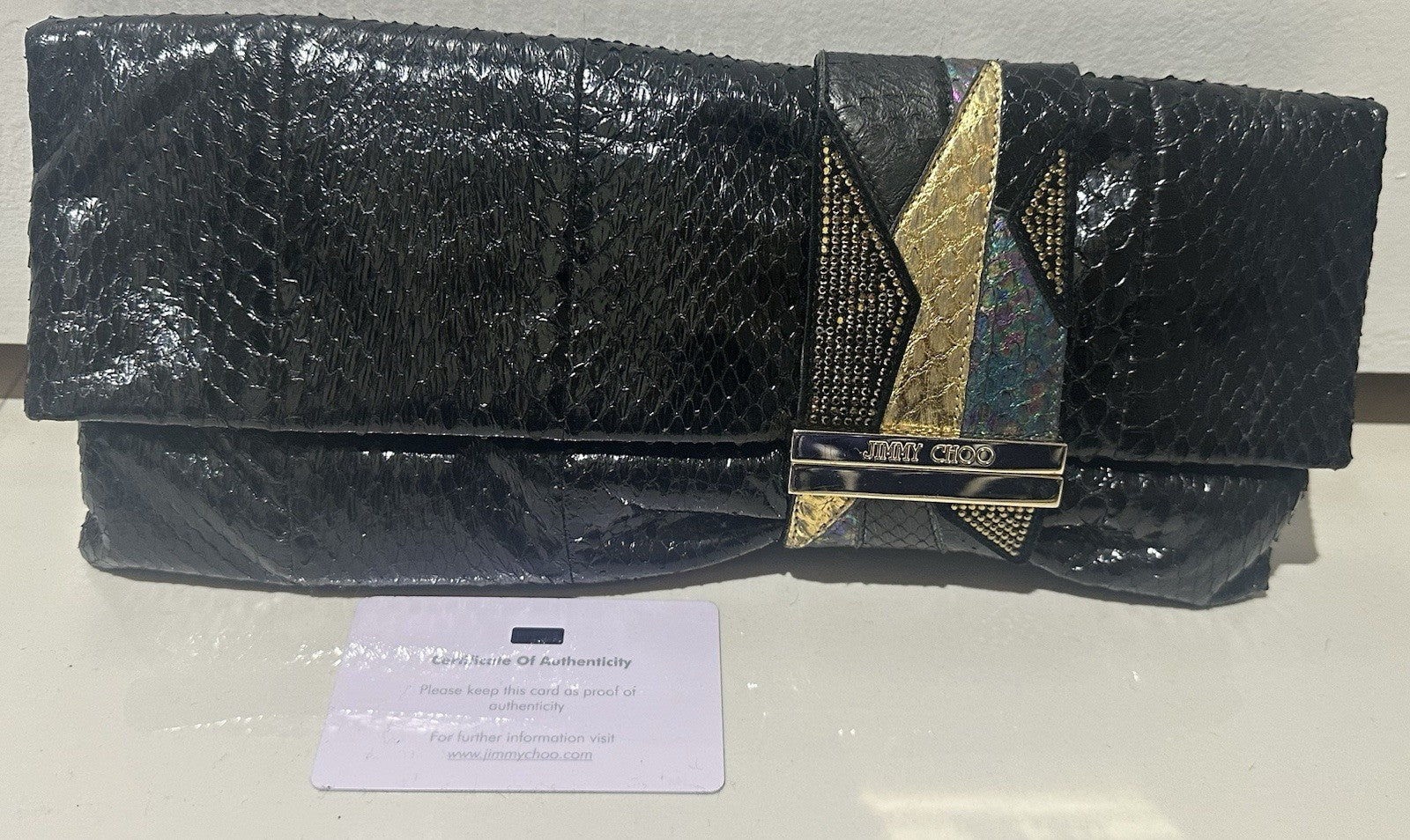 $2200 JIMMY CHOO CLUTCH PYTHON SNAKESKIN/ SWAROVSKI CRYSTAL