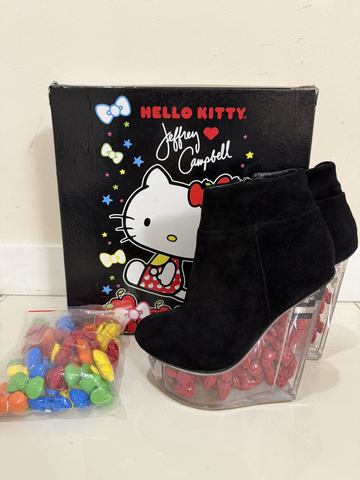 Jeffrey Campbell Hello Kitty Black Leather Bow Wedge Bootie Size 7