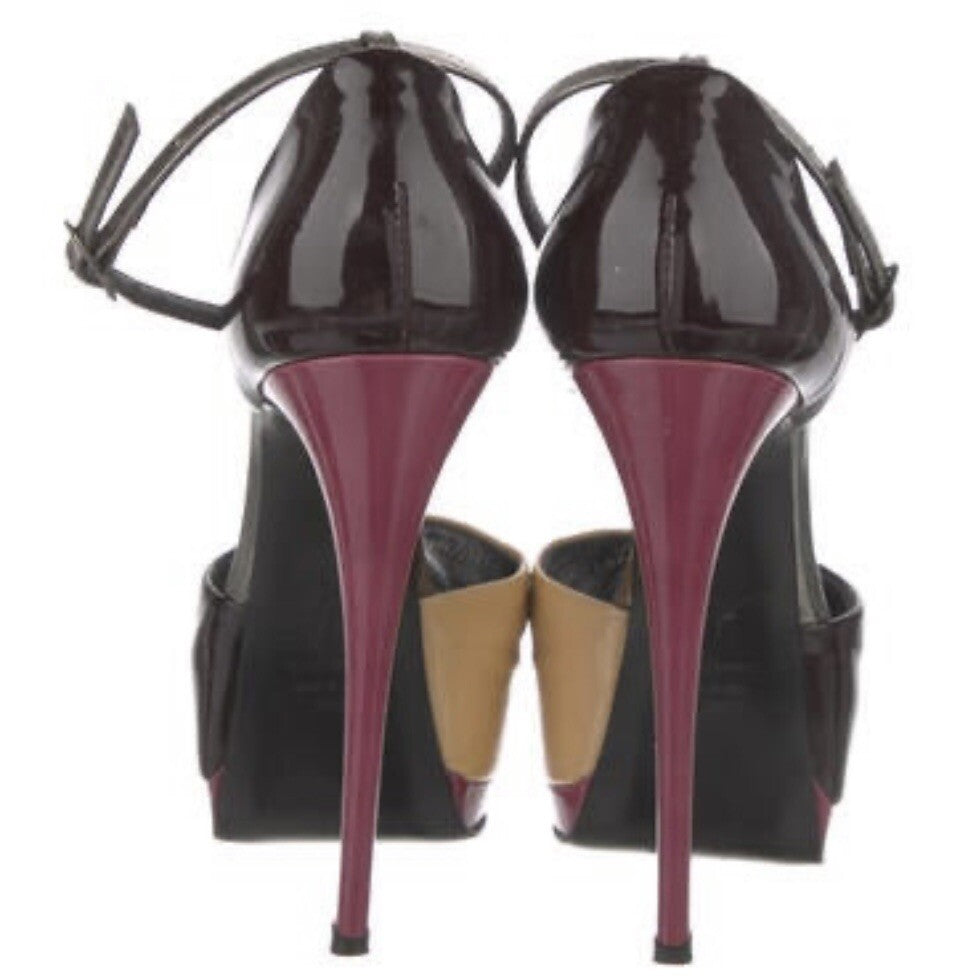 $995 GIUSEPPE ZANOTTI BURGUNDY PATENT LEATHER PEEP TOE HEELS SZ 6.5 36.5