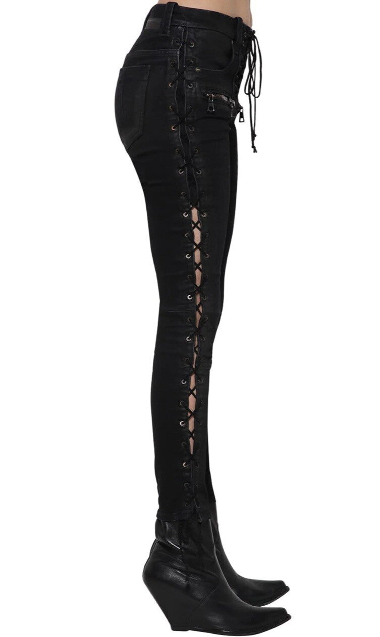 $1350 NWT BEN TAVERNITI UNRAVEL PROJECT BLACK LACE UP SKINNY JEANS SZ XS 24