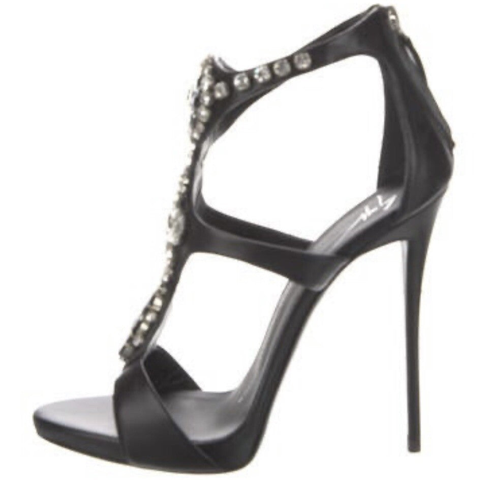 $1850 NIB GIUSEPPE ZANOTTI BLACK LEATHER CRYSTAL EMBELLISHED SANDALS SZ 7.5 37.5