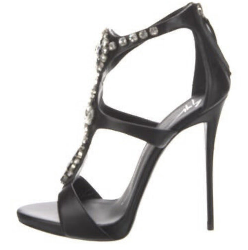 $1850 NIB GIUSEPPE ZANOTTI BLACK LEATHER CRYSTAL EMBELLISHED SANDALS SZ 7.5 37.5